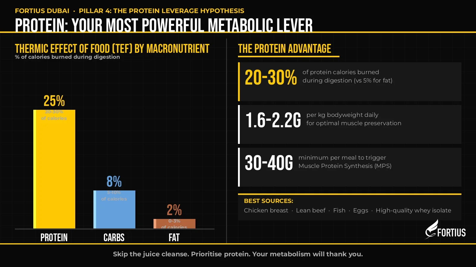 Thermic effect of food chart: protein 25% TEF vs carbs 8% vs fat 2% — why high protein diet boosts metabolism, Fortius Dubai