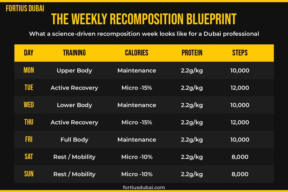 Weekly body recomposition blueprint Dubai — resistance training, protein targets, calorie deficit guide by Fortius