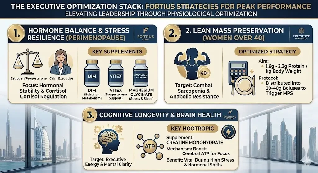 Infographic of the Fortius Dubai Executive Optimization Protocol: A comprehensive FAQ guide on hormonal balance (DIM, Vitex), protein thresholds for women over 40, and creatine for cognitive longevity and brain health.