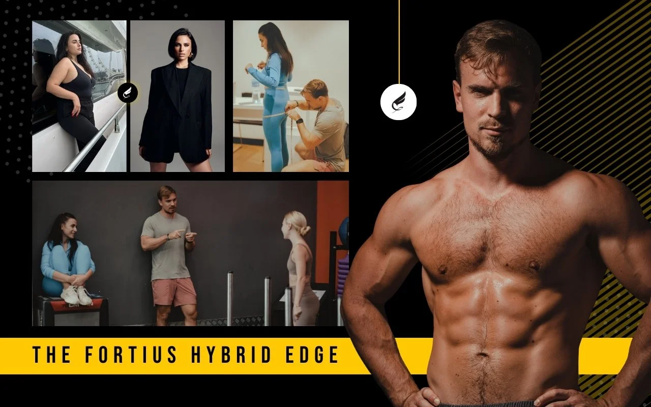 A collage showcasing the Fortius Hybrid Edge, featuring elite coach Milos Tanasic's personal 15-year transformation results, emphasizing high-performance, muscle definition, and sustainable body transformations over generic quick fixes in Dubai.
