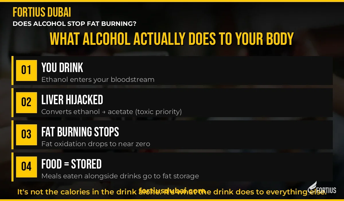 Does alcohol stop fat burning Dubai — 4-step infographic showing how ethanol hijacks liver and suppresses fat oxidation, Fortius Dubai