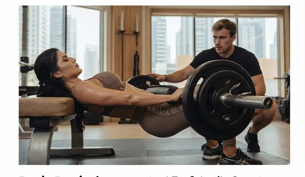 A focused woman executes a high-intensity, weighted hip thrust at a modern Dubai gym, demonstrating the specific biomechanical lockout needed for maximum gluteus maximus recruitment and muscle building.