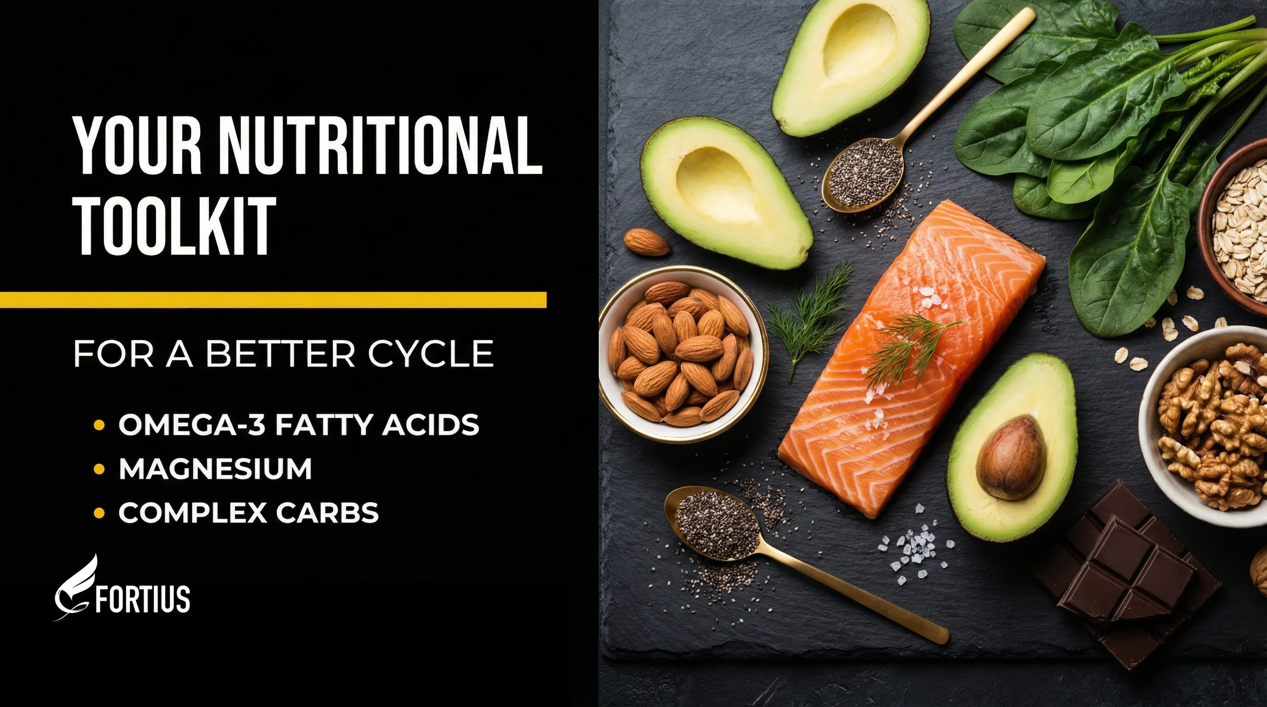 Nutritional toolkit for menstrual cycle health by Fortius Dubai, showcasing key micronutrients and fatty acids including Omega-3s, Magnesium, and Complex Carbs to stabilize insulin and reduce inflammation.