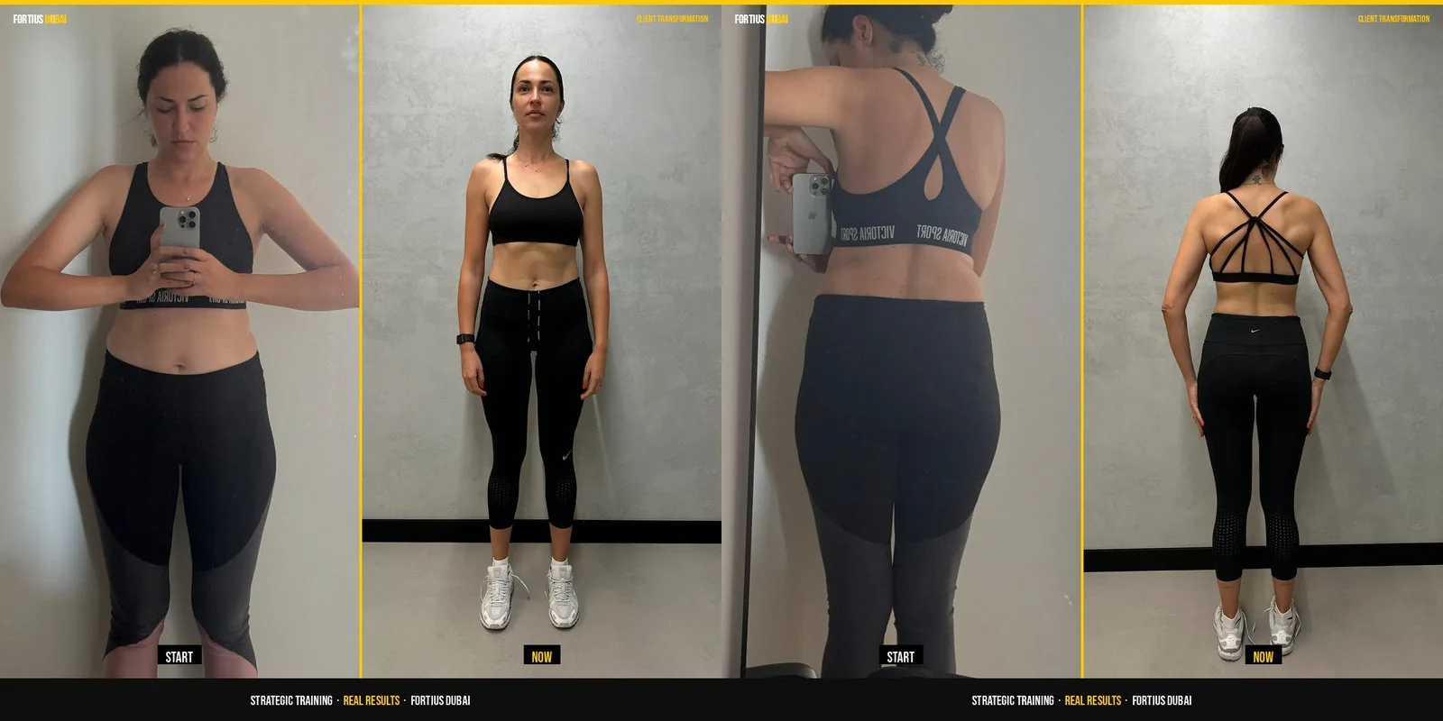 Cristina before-and-after front and back comparison from a Fortius body-recomposition programme.