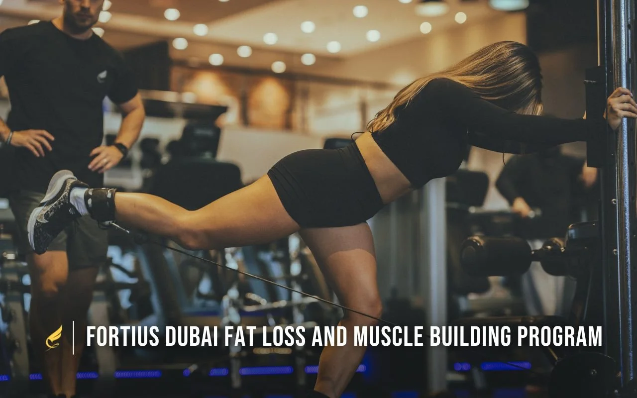 Personal trainer at Fortius Dubai supervising a female client performing a cable kickback for glute isolation, demonstrating a science-based approach to fat loss and muscle building.