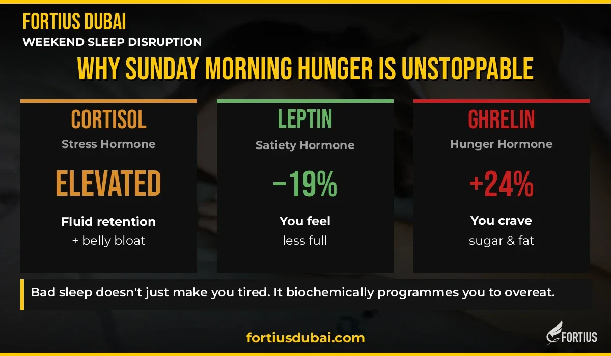 Weekend sleep disruption weight gain Dubai — cortisol elevated, leptin -19%, ghrelin +24% hormone cascade infographic, Fortius Dubai