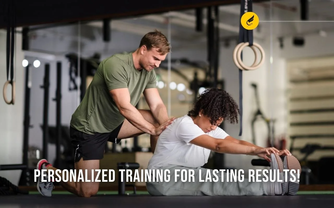 A Fortius Dubai personal trainer provides hands-on stretching assistance to a female client, illustrating the 'Personalized Training for Lasting Results' philosophy of the women's fitness plan.