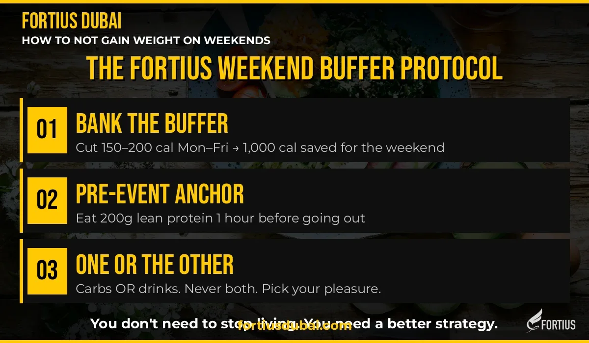 How to not gain weight on weekends Dubai — Fortius 3-step weekend buffer protocol: bank the buffer, pre-event anchor, one or the other
