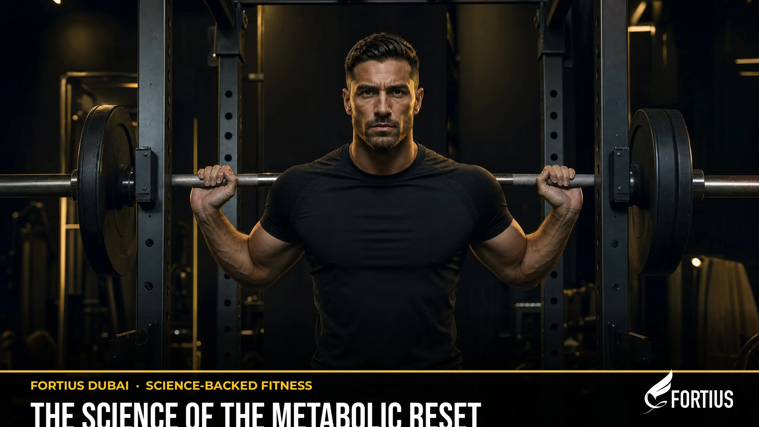 Athletic man training at a premium Dubai gym — post-holiday metabolic reset guide by Fortius Dubai personal trainer