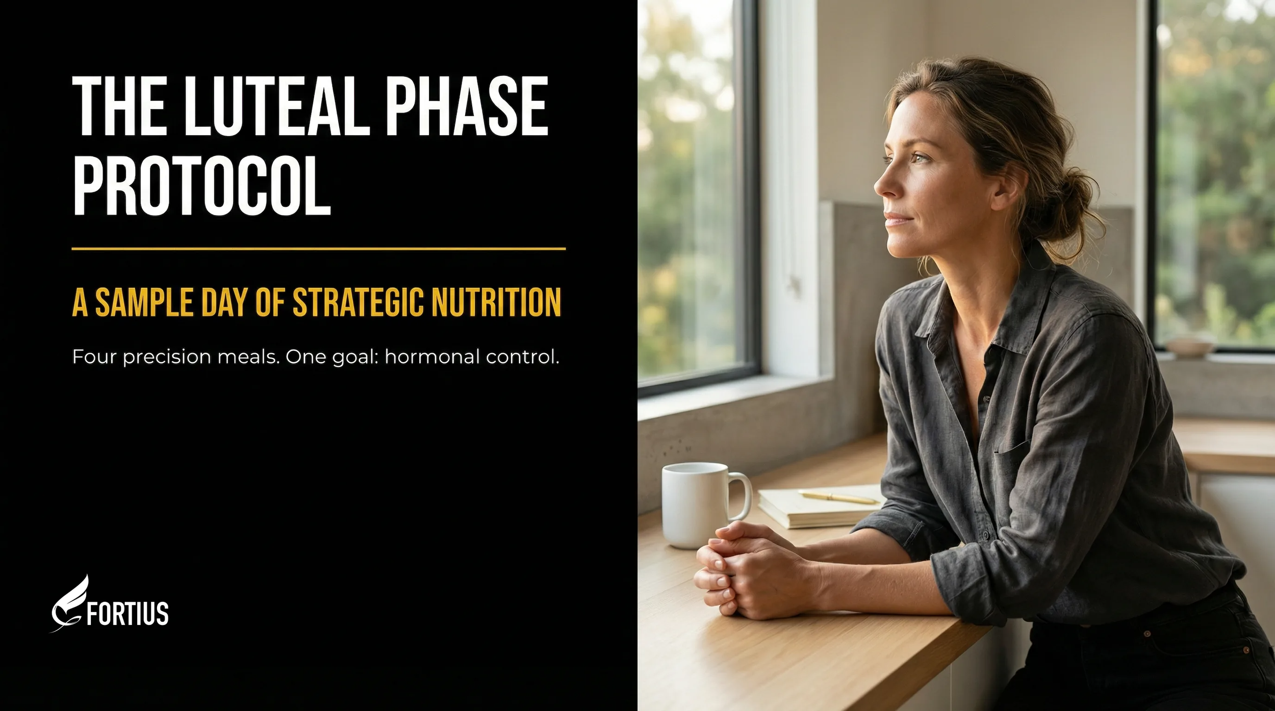 The Luteal Phase Protocol title card for Fortius Dubai, featuring a refined image of a woman and the sub-headline "A Sample Day of Strategic Nutrition: Four precision meals. One goal: hormonal control."