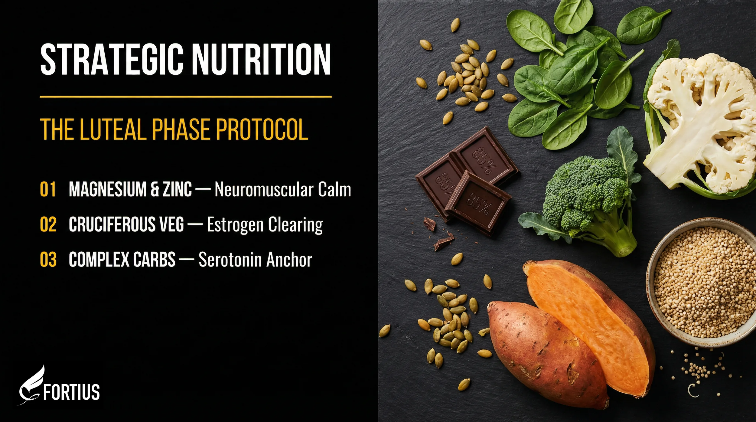 Strategic Nutrition infographic for the Luteal Phase Protocol by Fortius Dubai, detailing three hormonal health pillars: Magnesium and Zinc for Neuromuscular Calm, Cruciferous Vegetables for Estrogen Clearing, and Complex Carbs as a Serotonin Anchor.