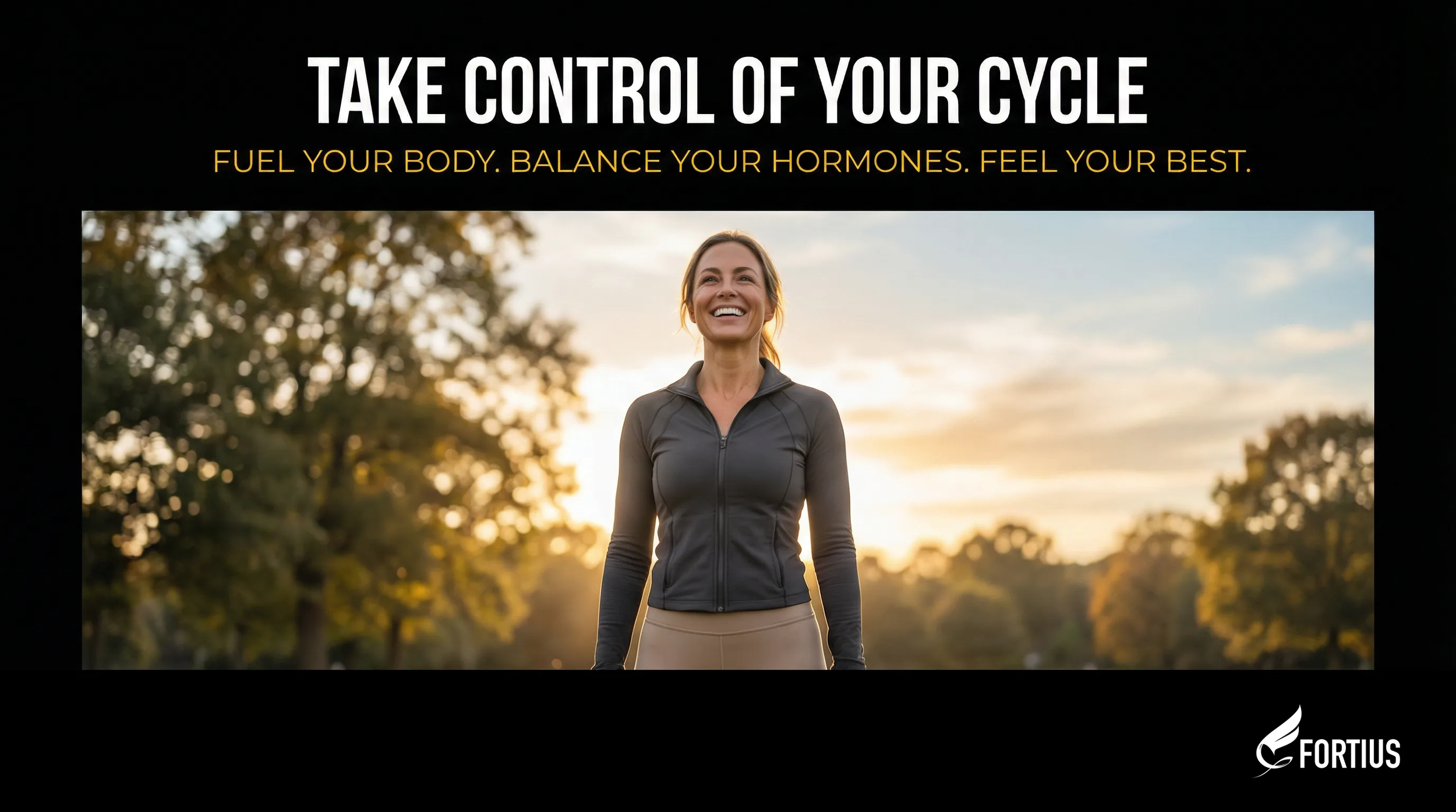 Call-to-action creative for Fortius Dubai encouraging women to take control of their cycle through hormonal balancing and optimized nutrition for better physical and mental performance.