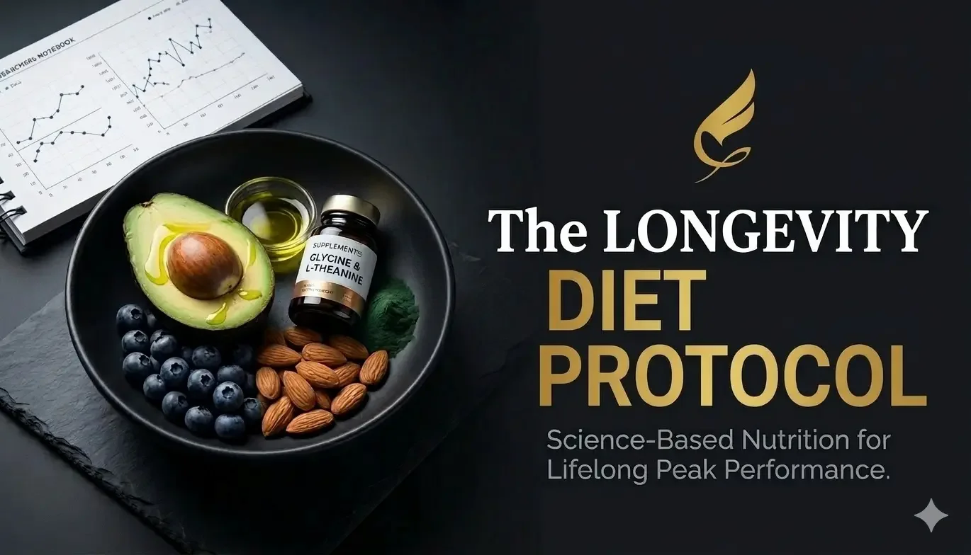 Data-driven longevity nutrition protocol featuring Hevy app metabolic tracking, biological age optimization diet with avocado and berries, and Glycine with L-Theanine supplementation for lifelong peak performance and vitality in Dubai.