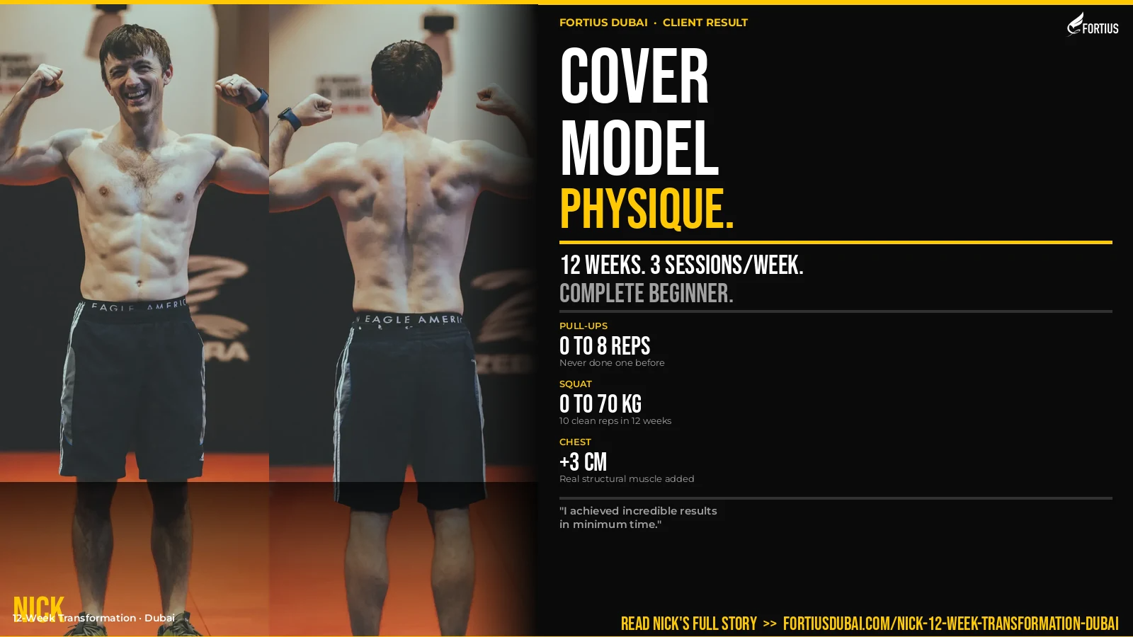 Nick's 12-week body transformation at Fortius Dubai — cover model physique from complete beginner, 3 sessions per week
