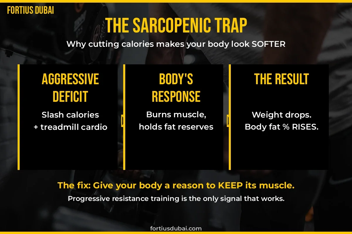 Sarcopenic obesity explained — skinny-fat body type Dubai, body fat vs muscle mass chart, Fortius Dubai