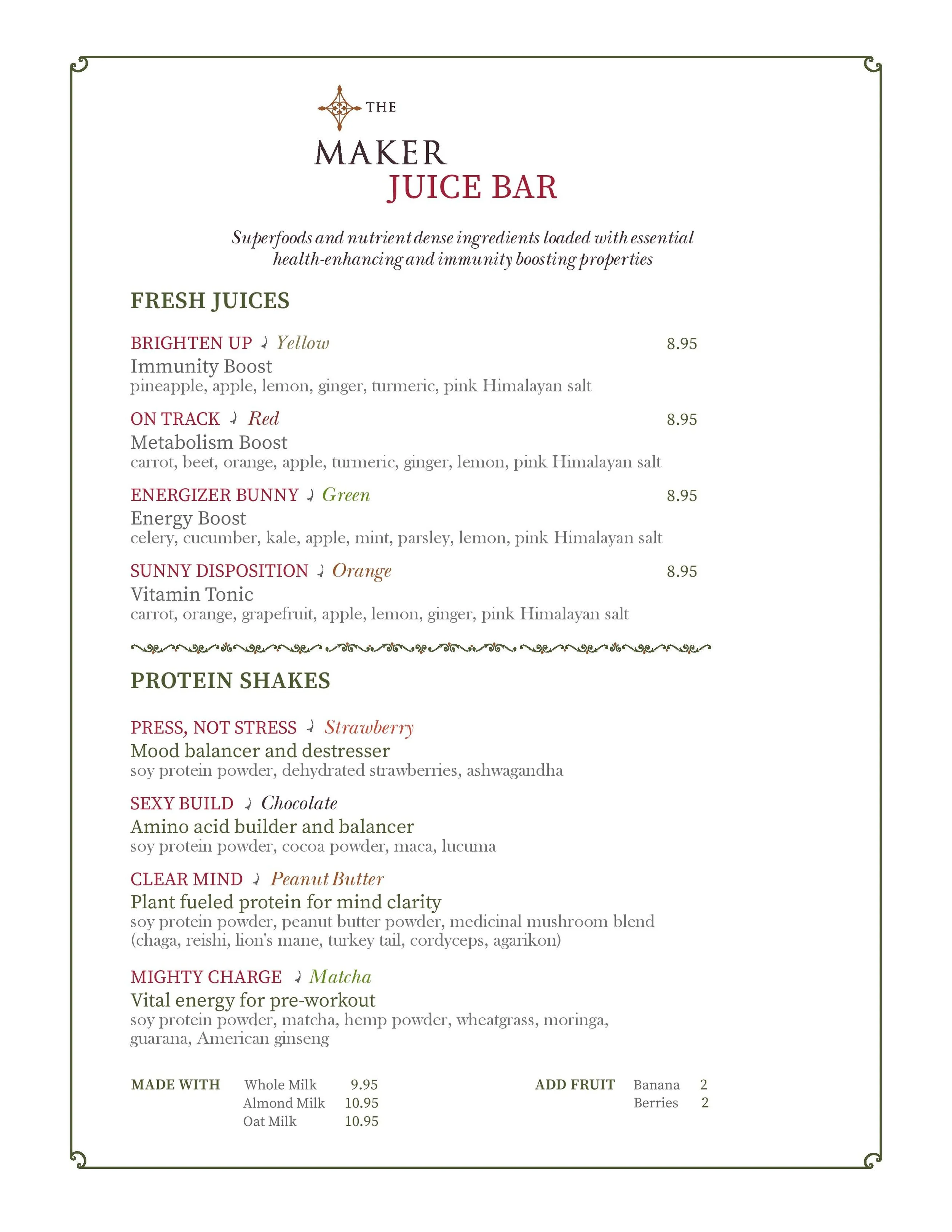 Juice Bar Menu — The Maker