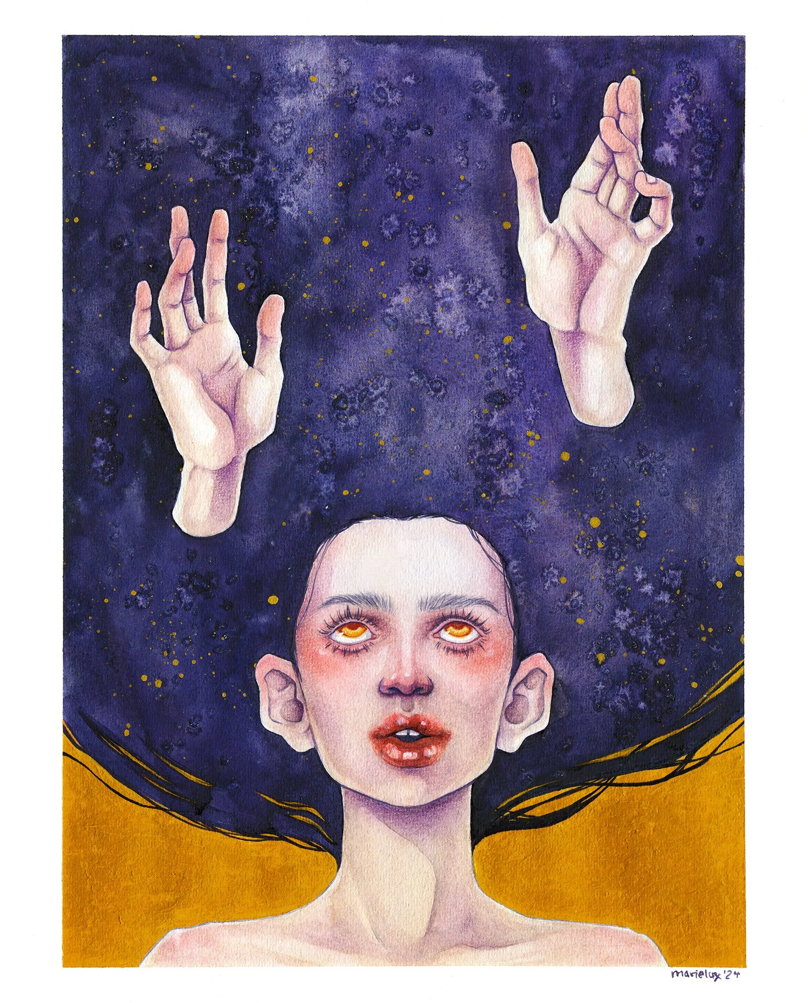  Water colours, gouache and acrylic gold paint. 