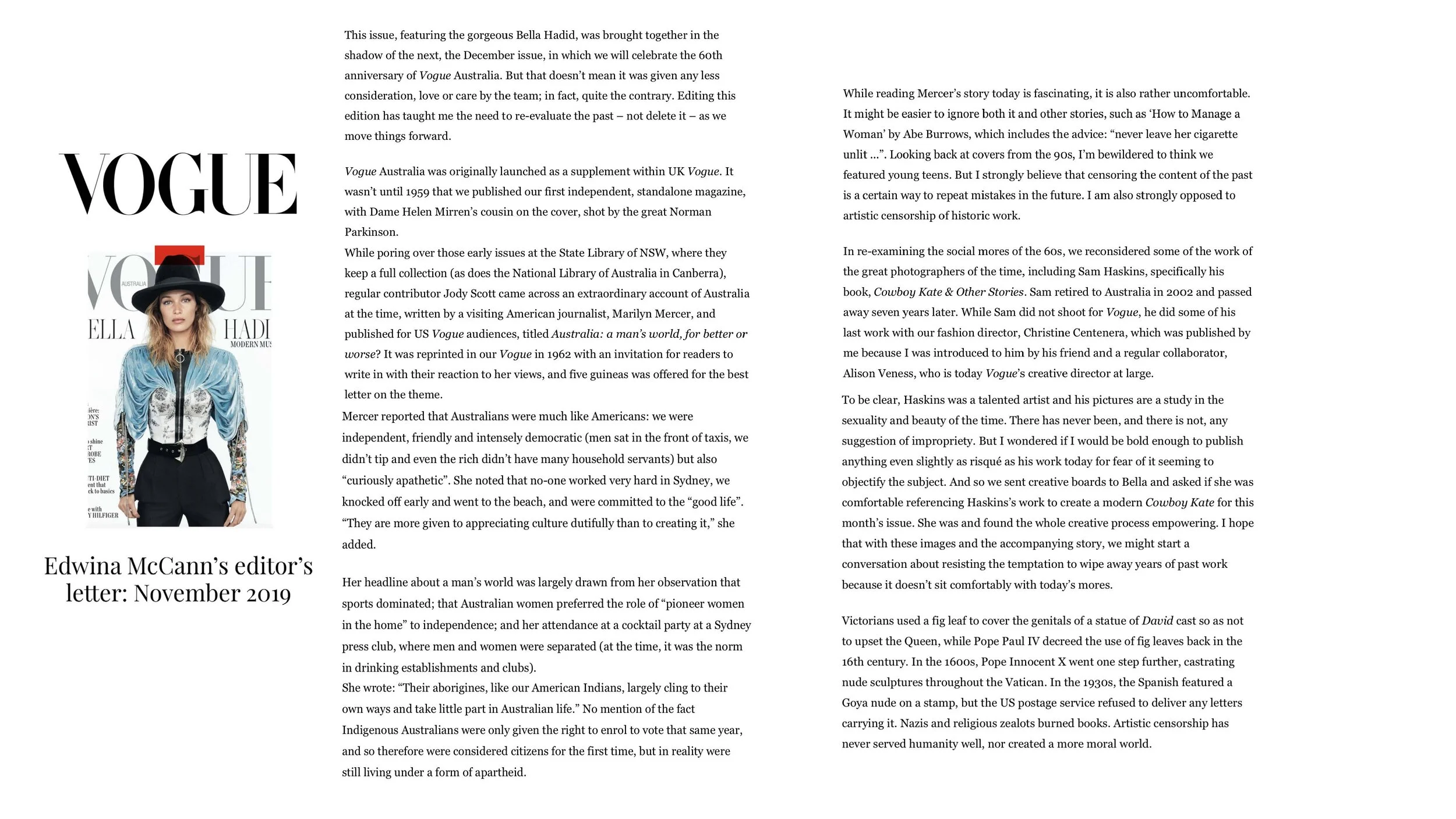 Bella Hadid stars on the cover of Vogue Australia’s November 2019 issueVogue Australia - 21st October 2019