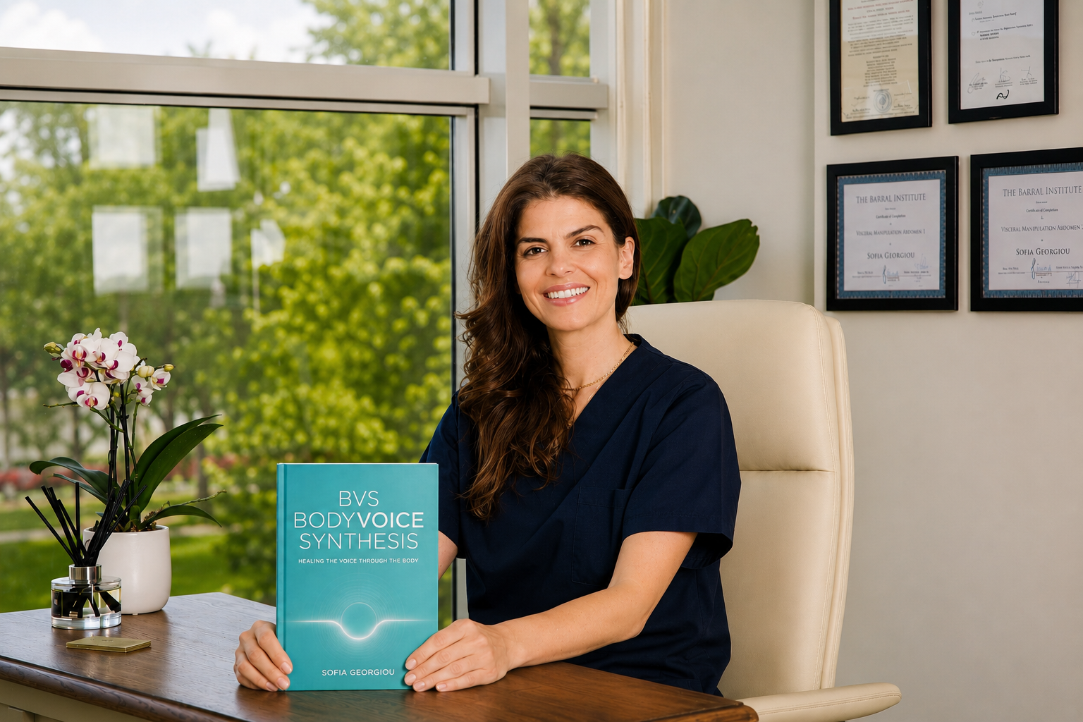 Sofia Georgiou is sitting at a desk holding a book titled "BVS BodyVoice Synthesis" by Sofia Georgiou, with framed certificates on the wall behind her and a potted orchid on the desk.