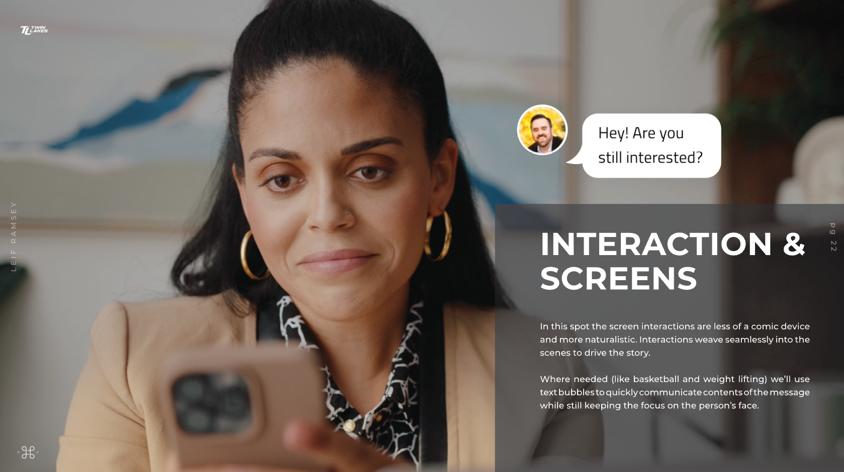 Device interaction page from Leif Ramsey's director's treatment for Twin Lakes commercials.