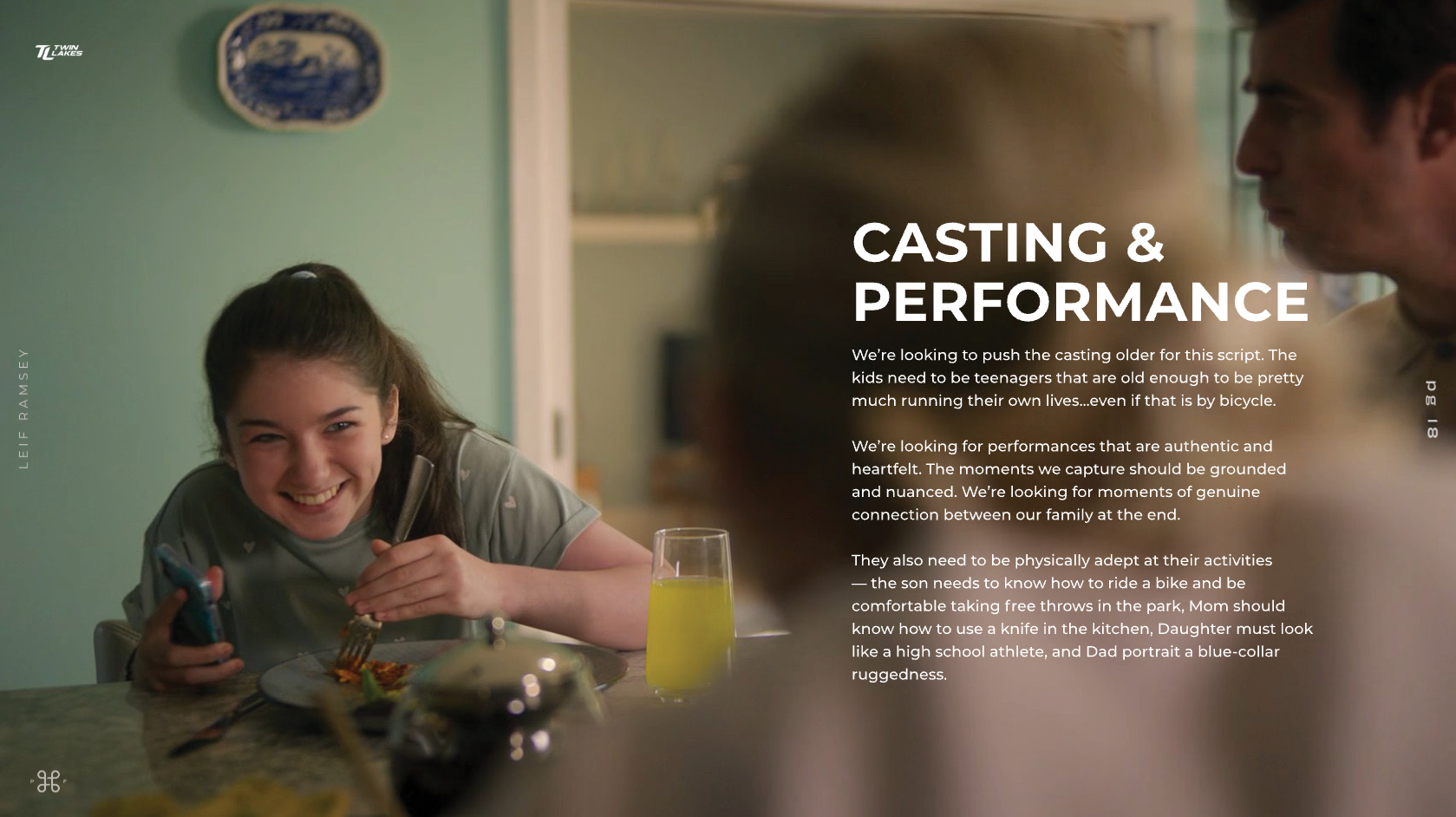 Casting and Performance page from Leif Ramsey's director's treatment for Twin Lakes commercials.