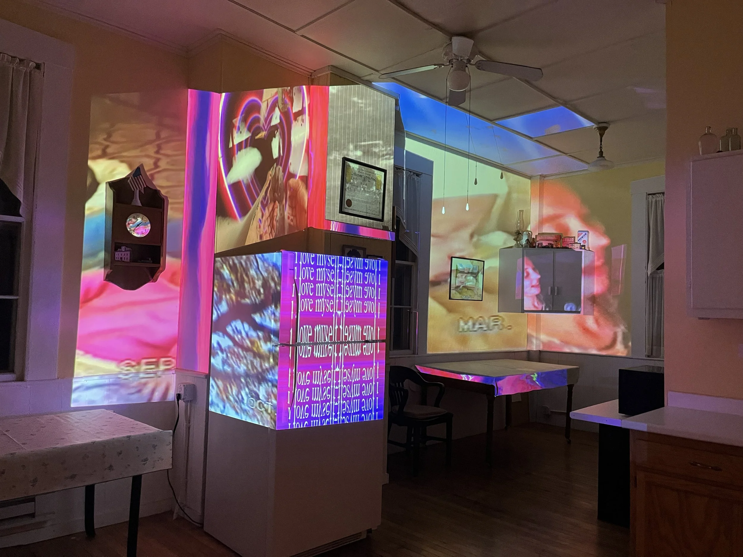 Site-specific video installation Prayer for the Beehive by Lauren Be Dear using layered archival projection mapping.