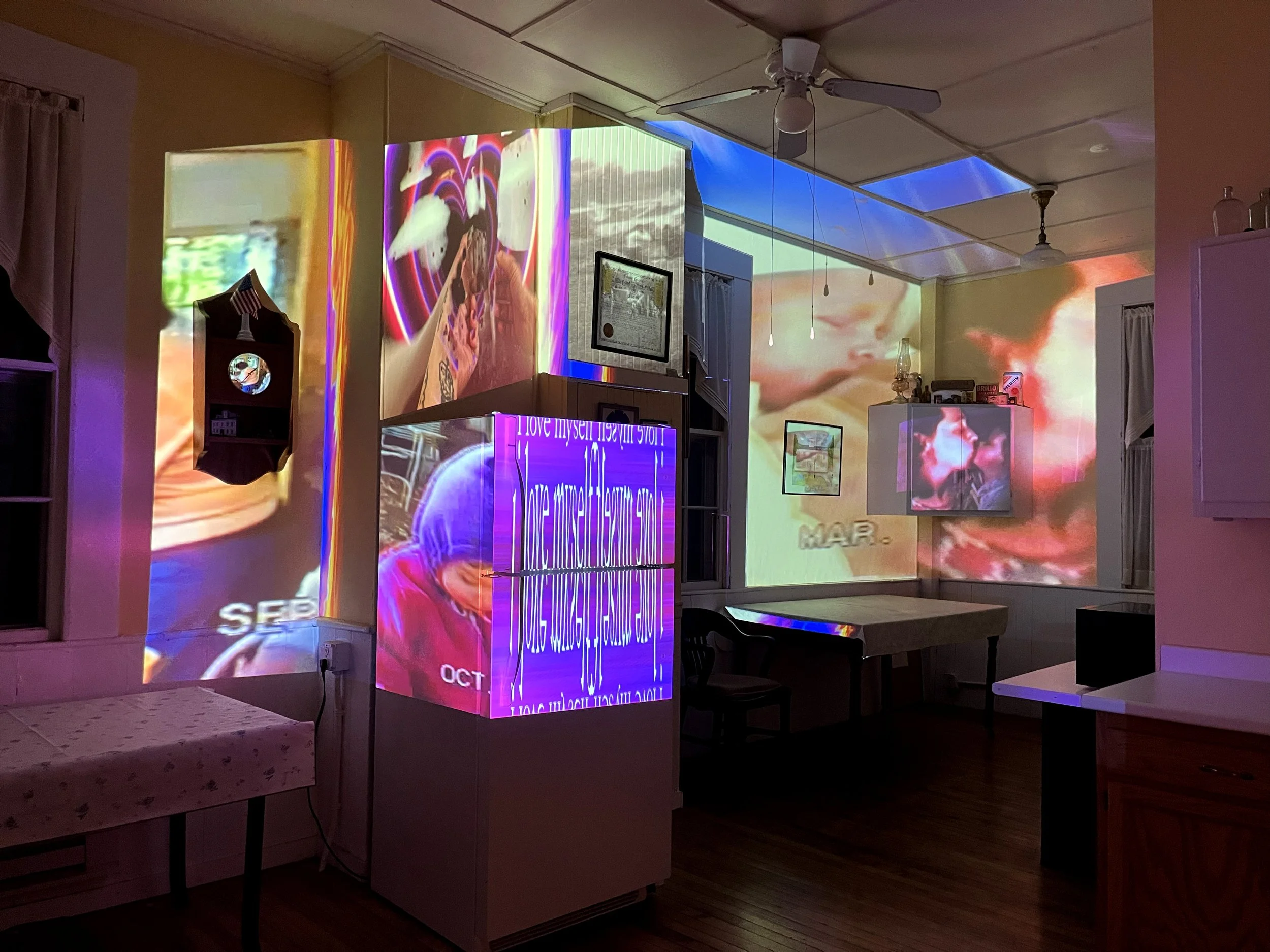 Site-specific video installation Prayer for the Beehive by Lauren Be Dear using layered archival projection mapping.