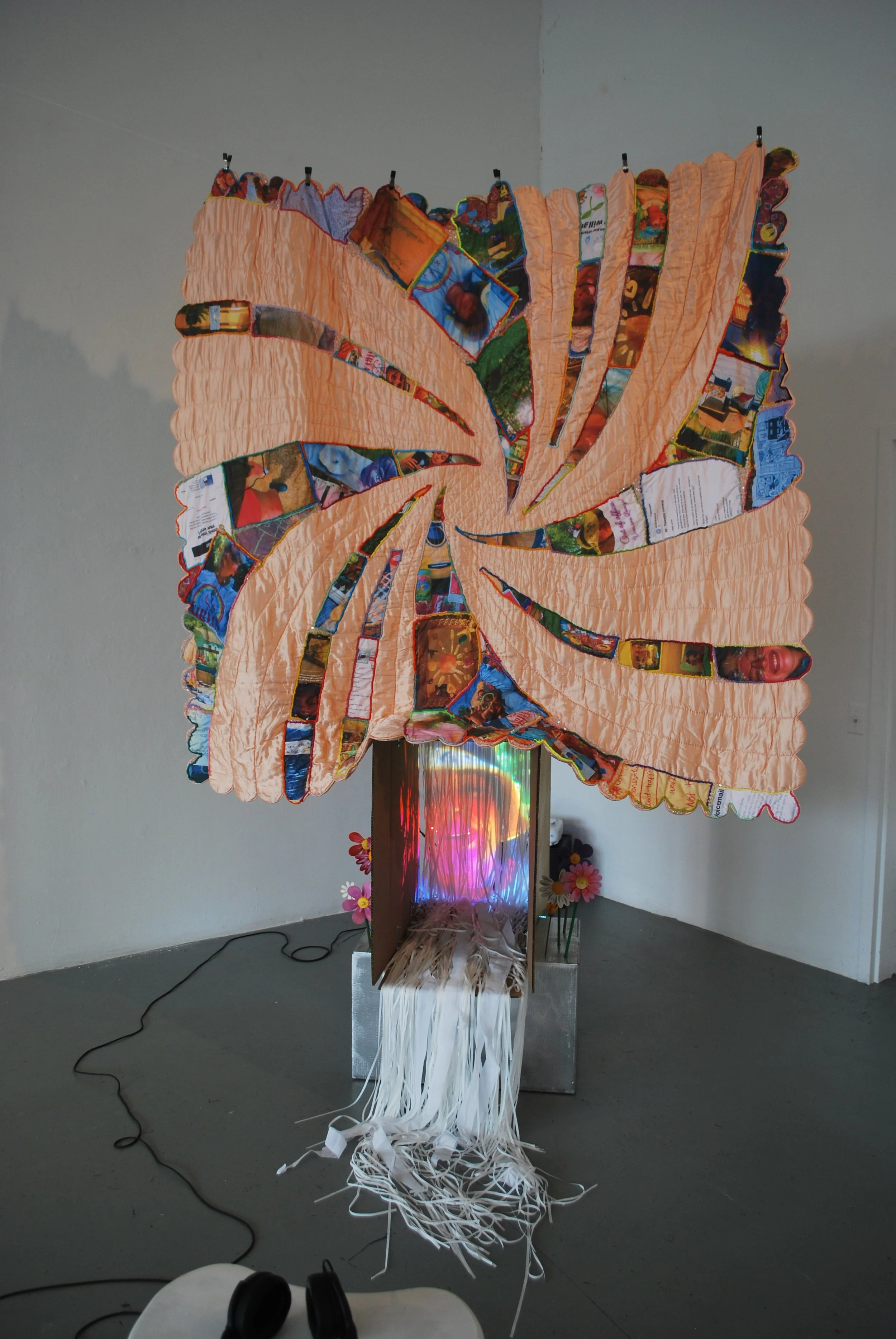 Multimedia installation Party/Monster by Lauren Be Dear featuring layered textiles, projection, and fragmented self-portrait imagery.