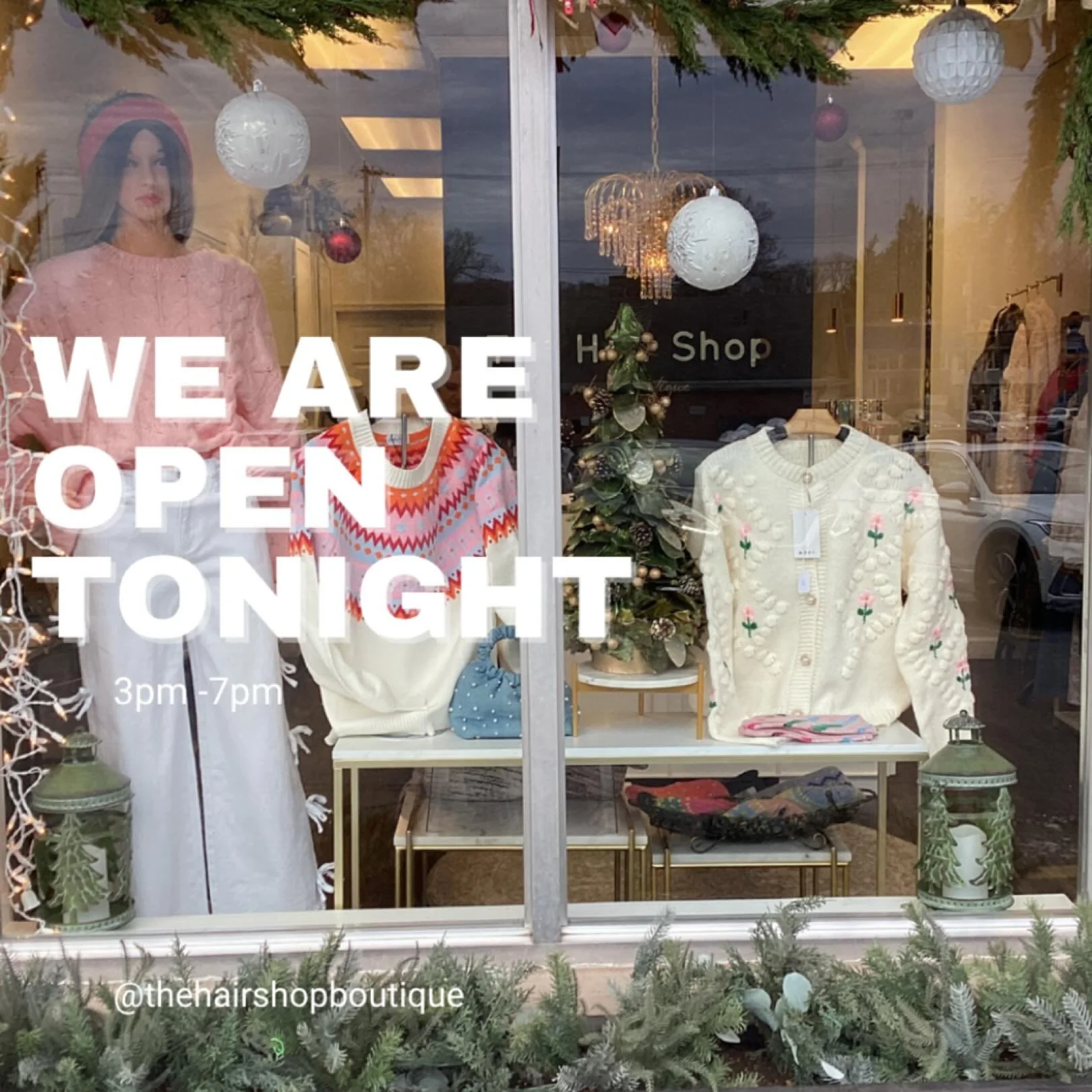 Lights on, doors open, deals waiting 🌙 Stop by tonight for fashion + fun! #thehairshop