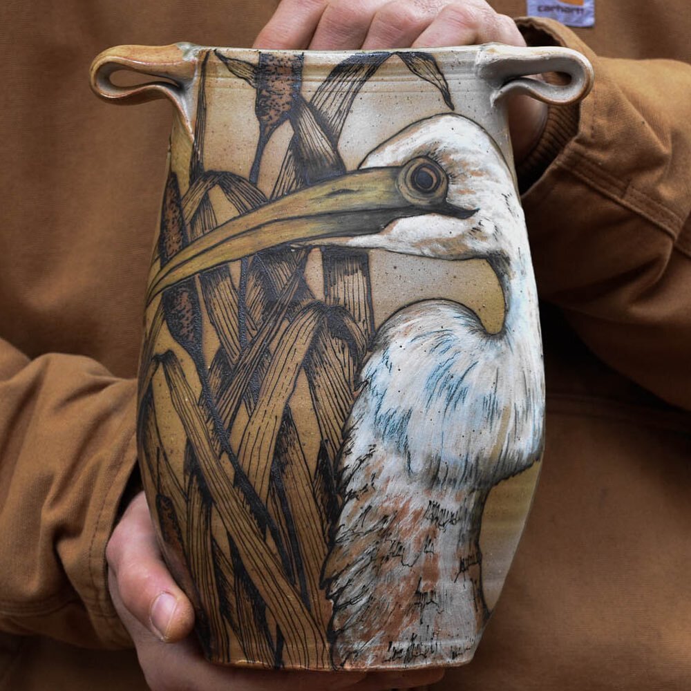 Shop Update This Saturday! Two days! And, here is my POTK (Pick of the Kiln) which will be for sale in this update, a Great Egret in the Cattails. 

This vase represents a place that is truly special to me, a wild little island off the coast of Georg