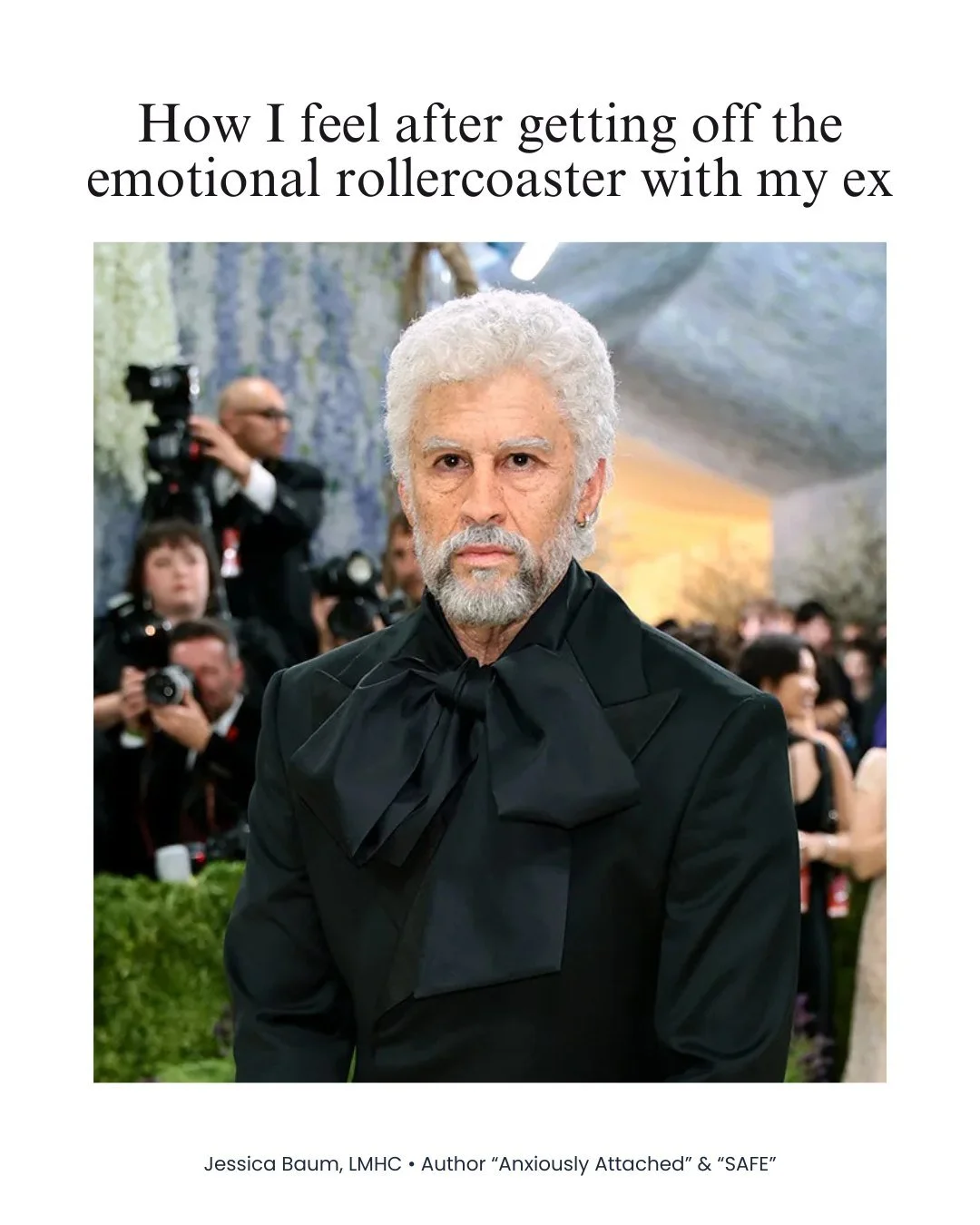 The emotional journey of anxious attachment, summarized in four Met Gala looks. 

1- The emotional rollercoaster
2- Bringing your nervous system into new relationships
3- Ignoring all the red flags your friends point out
4- Full shutdown when you fin