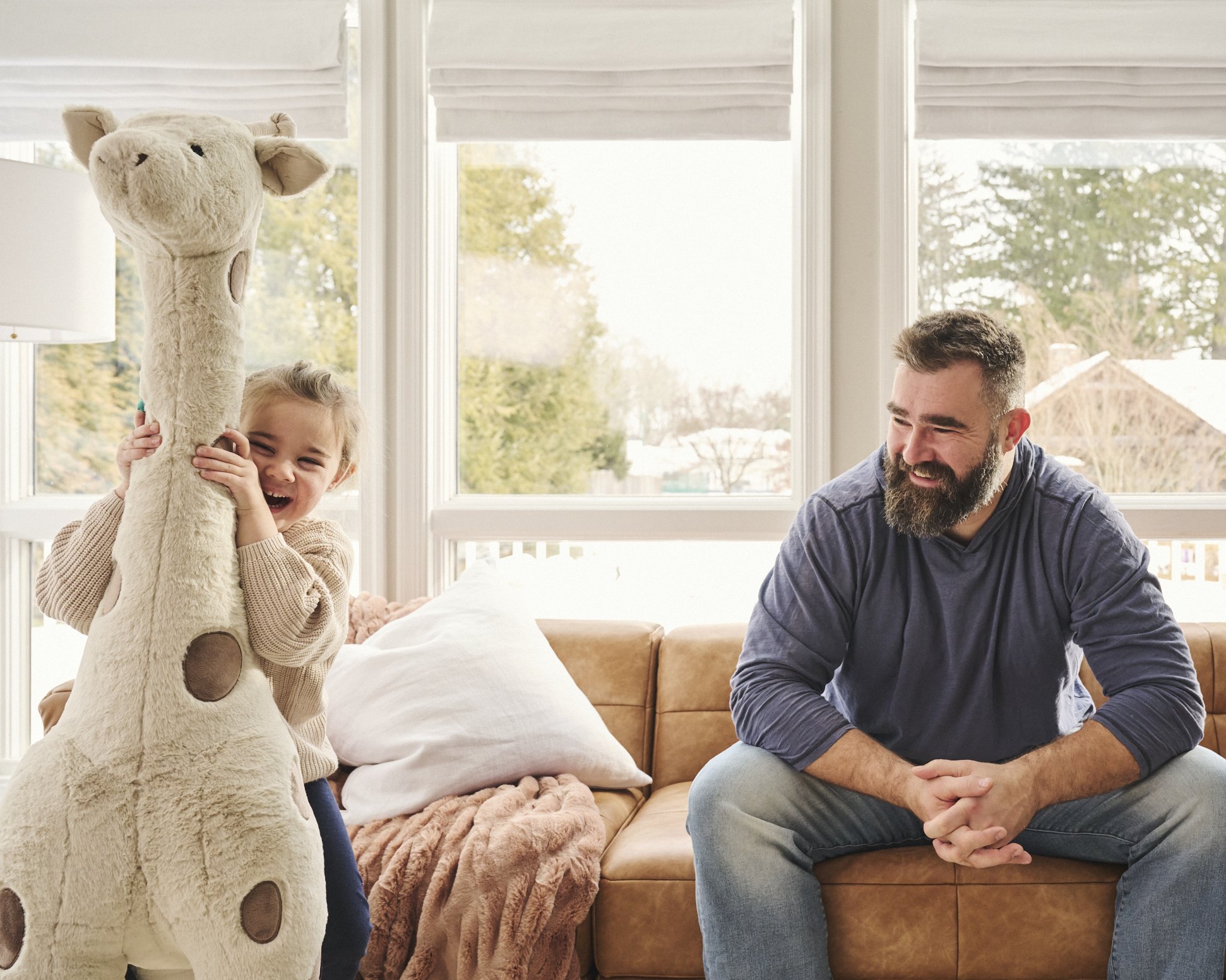  Jason Kelce at home with his family in their playroom designed by Pottery Barn Kids. 