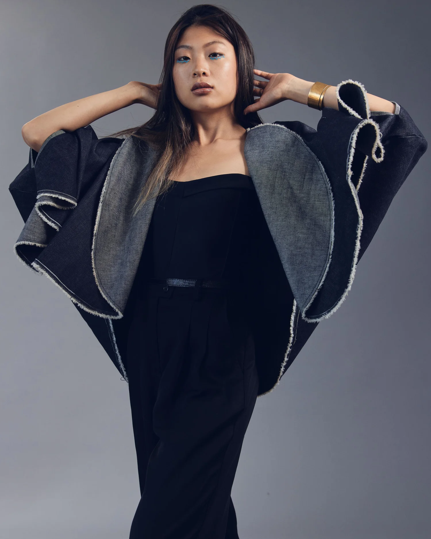 Denim Cape Coat — Production Mode