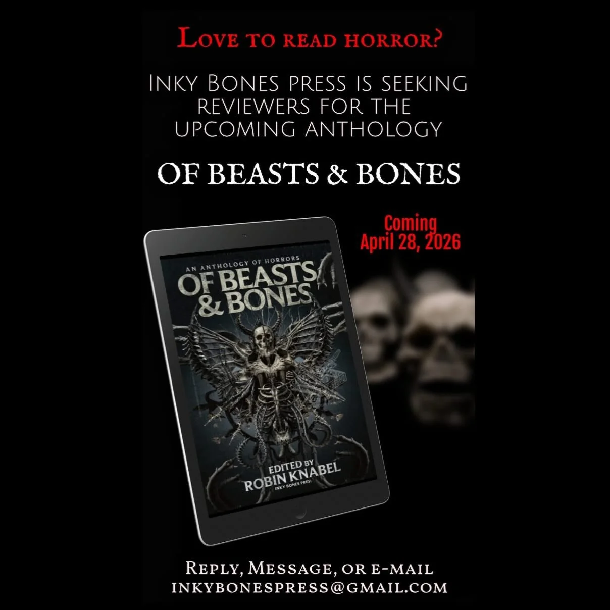 I&rsquo;m seeking horror-loving readers who would like to read &amp; review OF BEASTS &amp; BONES, a horror anthology featuring a variety of creatures eager to terrify. 😱📚

Need more info? https://tinyurl.com/OfBeastsandBones

***Reply, message, or