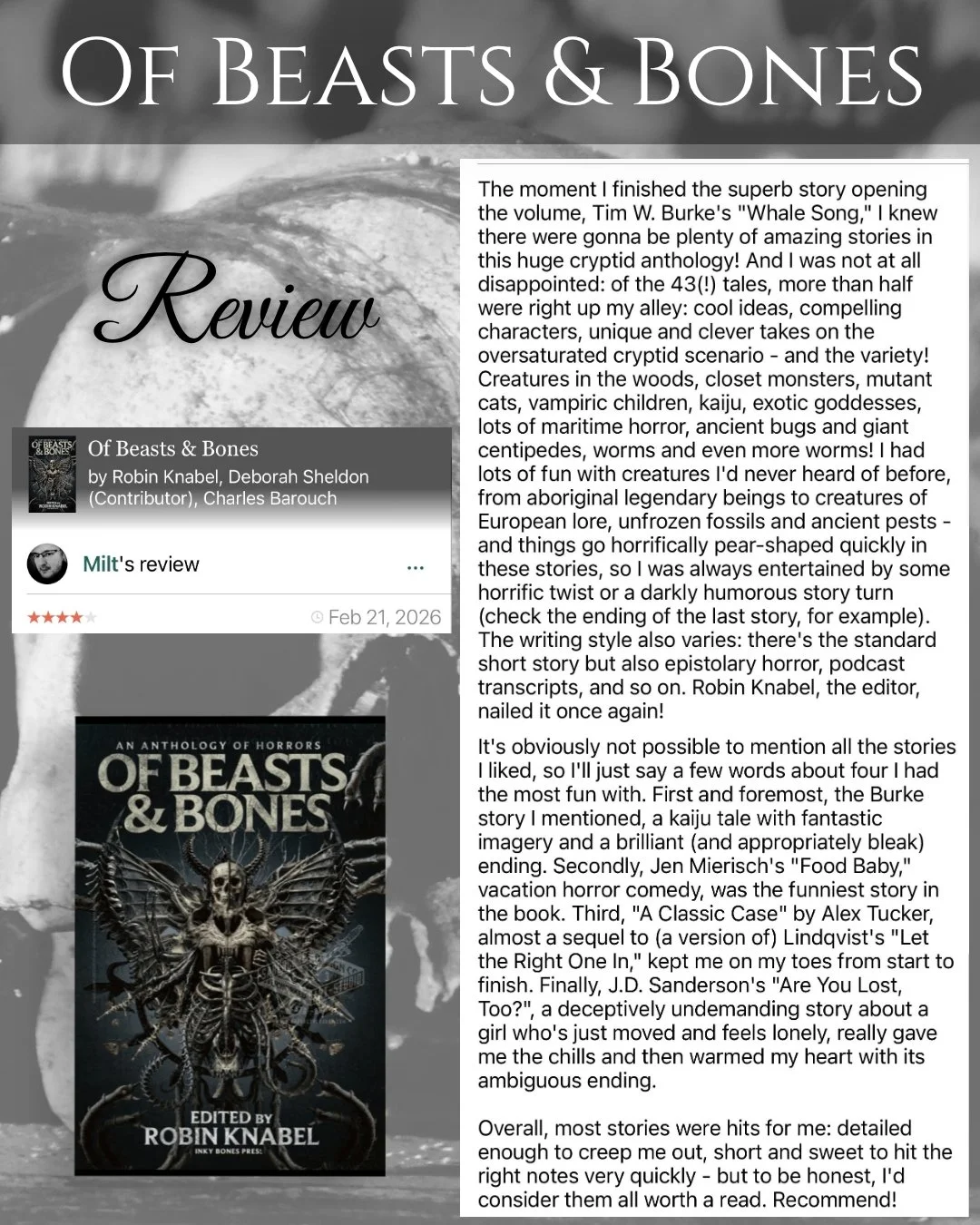 New review for OF BEASTS &amp; BONES! 🎉📚 Thank you Milt for taking the time to read the anthology &amp; share your thoughts! It is much appreciated! 🖤😊

***Find Milt's review on Goodreads - link in story 🔗

#horror #creatures #creaturefeature #b
