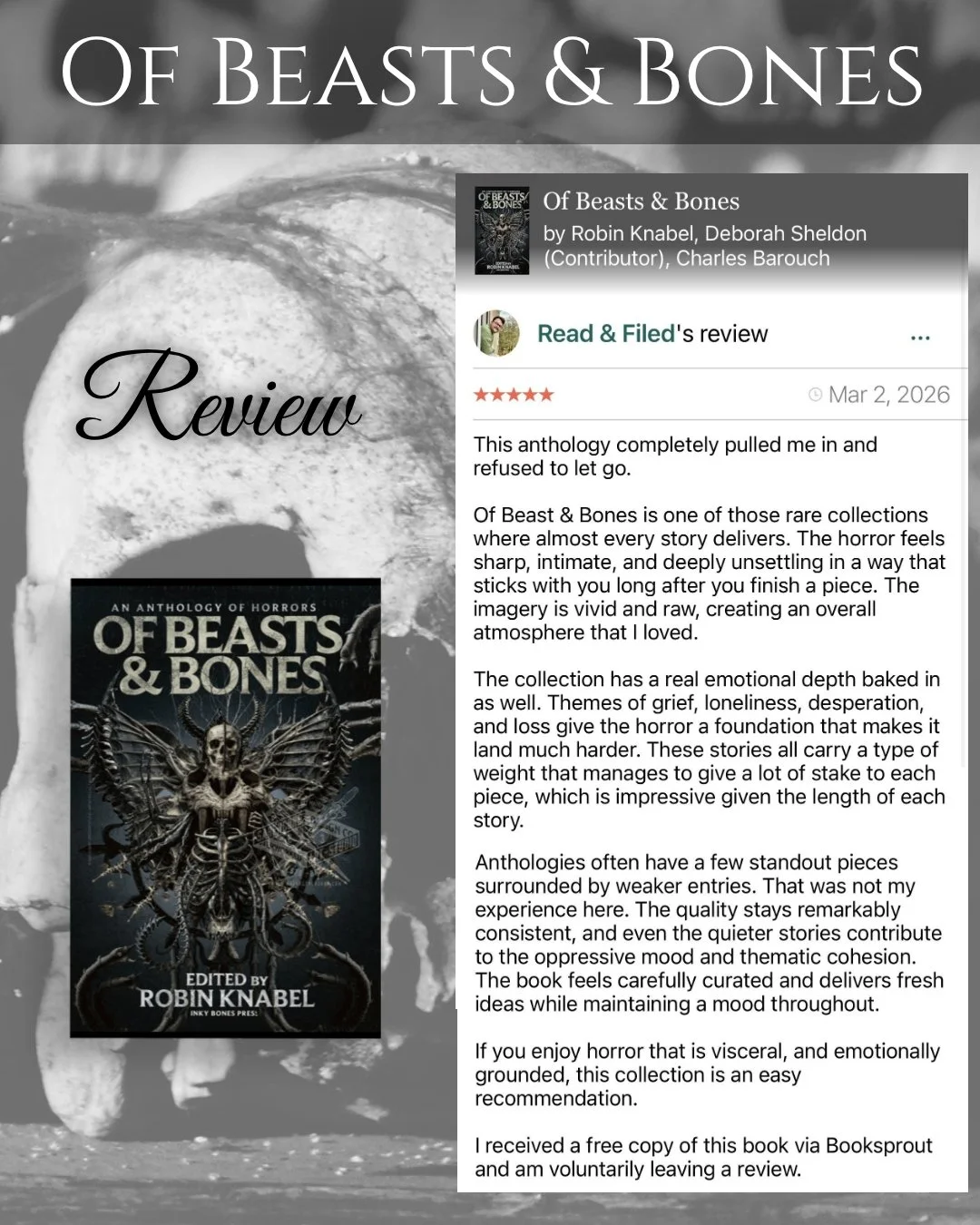 What's better than waking up to a fantastic 5-star review for Of Beasts &amp; Bones?!? 🖤📚😱 If you love horror &amp; creatures, this book is for you. Thank you to Read &amp; Filed!

***Link in bio 🔗
https://tinyurl.com/OfBeastsandBones 🔗