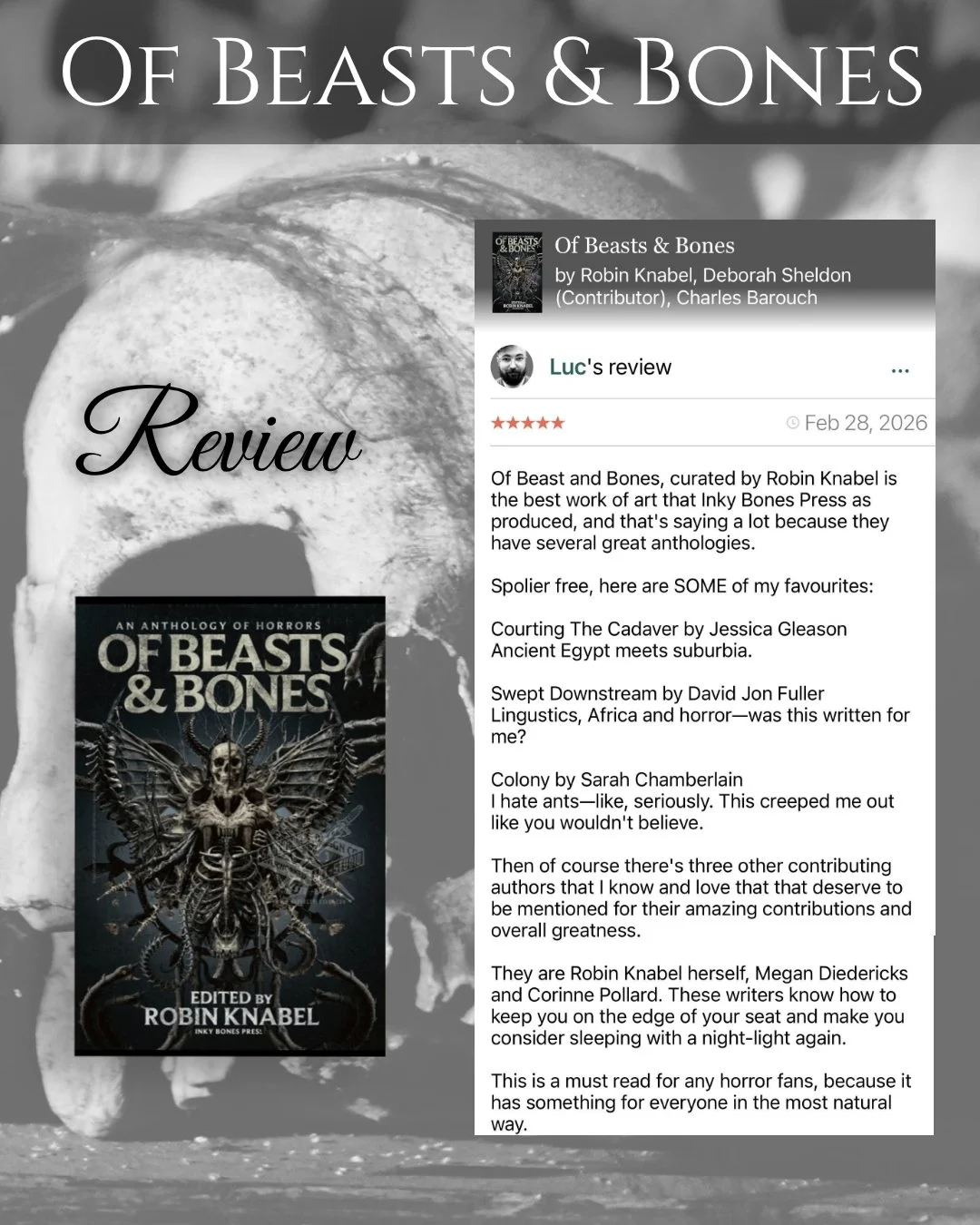 Another wonderful review for Of Beasts &amp; Bones! I am so appreciative for early readers. Thank you, Luc! 🖤

@thebibliobabbler 
***Link in bio
https://tinyurl.com/OfBeastsandBones