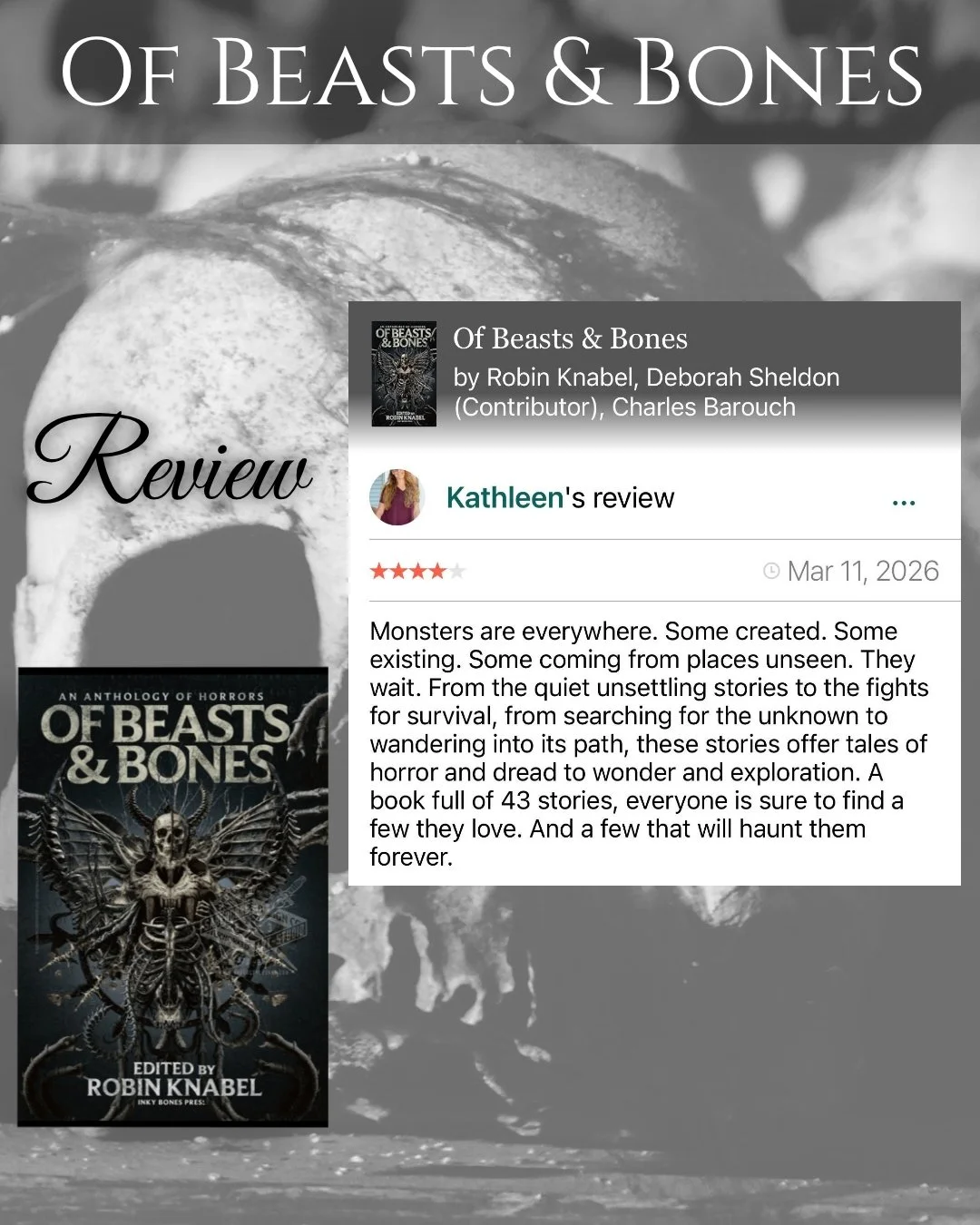 A huge THANK YOU to author @kathleen.palm for reviewing Of Beasts &amp; Bones! I'm so glad you enjoyed spending time with our creatures&mdash;and continue to with the ones that haunt you. 😱🖤

***Of Beasts &amp; Bones releases on APril 28th and is a