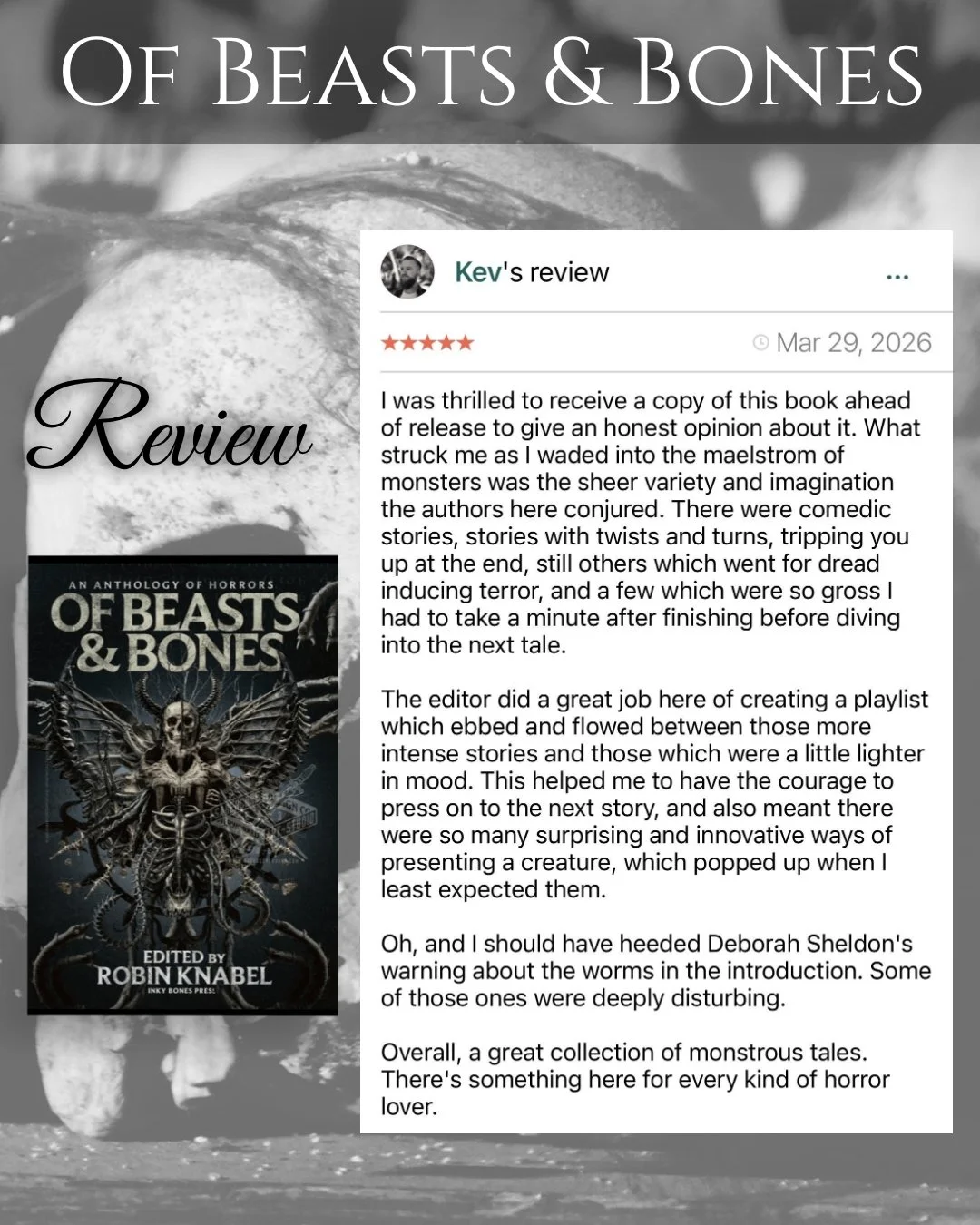 A huge thank you to author @mrevilkev for this fantastic review of the upcoming creature feature horror anthology Of Beasts &amp; Bones&mdash;coming April 28th!