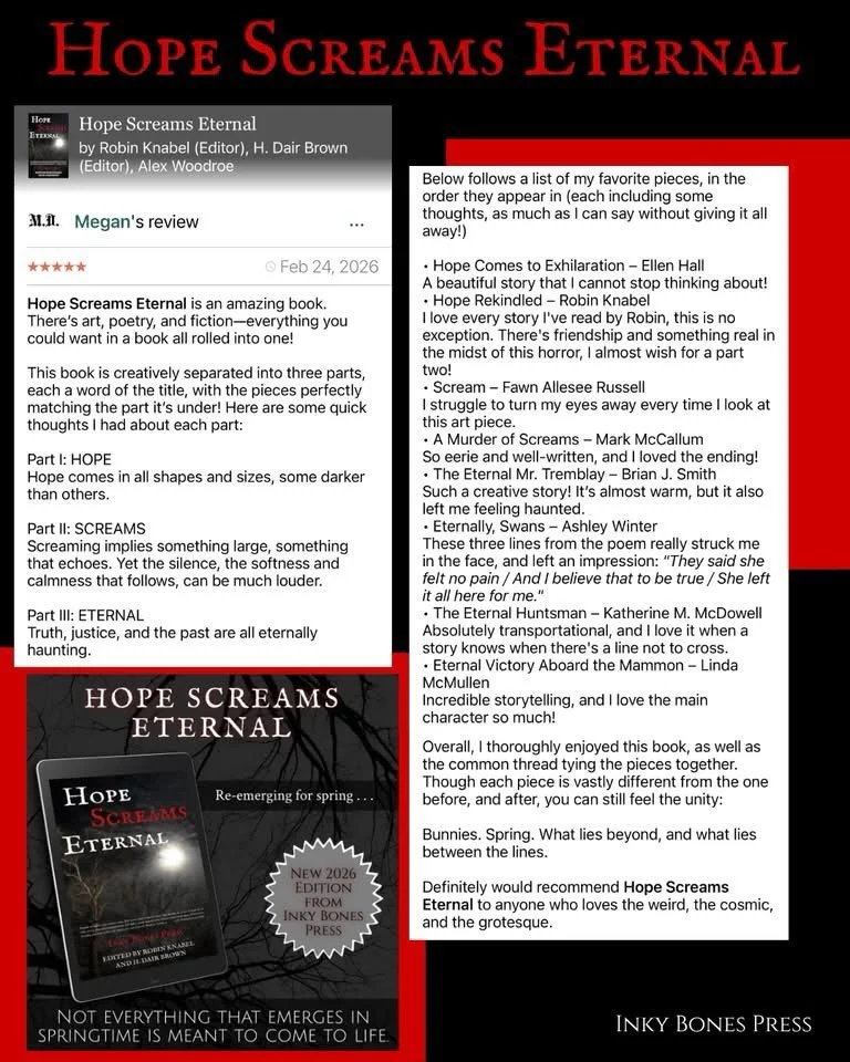 It&rsquo;s spring, which means Hope Screams Eternal is now in season! Spooky season, that is. Here&rsquo;s a review from author Megan Diedericks to help celebrate #indieapril &amp; spring! 😱

Currently available on KU &amp; ebook&mdash;watch for pap