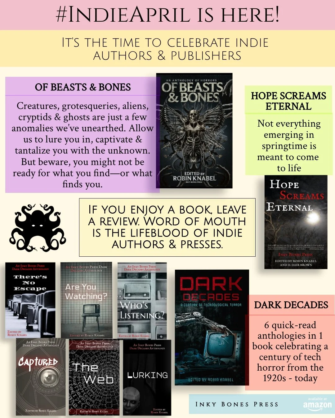 Have you celebrated #IndieApril yet? There's still time to check out indie authors, books, &amp; presses.

I'm an indie author and I run Inky Bones Press. On April 28th, the newest horror/specfic antho Of Beasts &amp; Bones will release!

Until then,