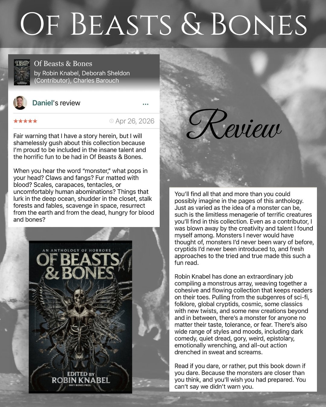 I love this review from author Daniel Mowery for Of Beasts &amp; Bones. I couldn't have described this book any better myself! 🖤 

***Link in bio
https://tinyurl.com/OfBeastsandBones

@dmowerywrites 

#horror #inkybonespress #ofbeastsandbones