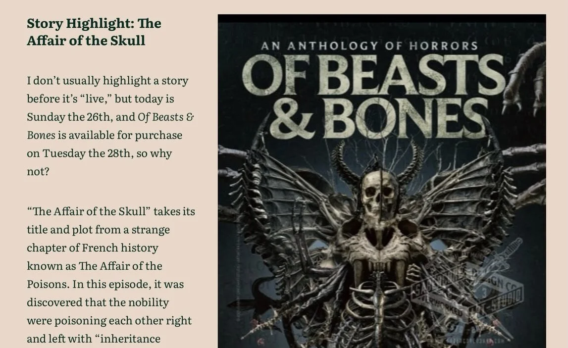 I love learning the inspiration behind stories. Kathy Sherwood&rsquo;s tale &ldquo;The Affair of the Skull&rdquo; in Of Beasts &amp; Bones has an intriguing backstory which can be read in full on her blog. 💀🧪🖤

***Link in story &amp; other social 