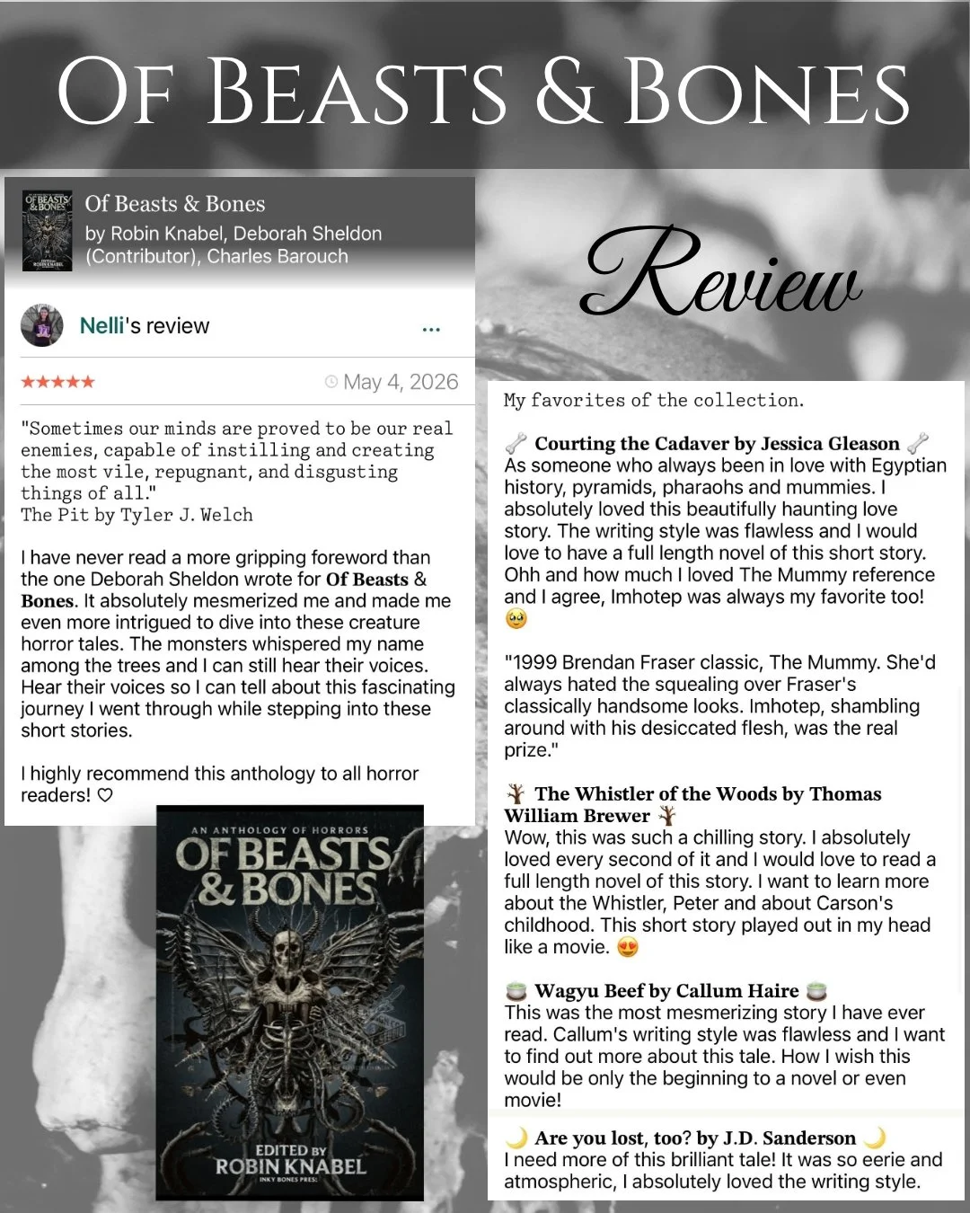 A fantastic 5-star review for Of Beasts &amp; Bones! 🖤🎉 Thank you to Nelli for taking the time to read the anthology and share her opinion and favorite stories. There is definitely something for every horror lover in this collection. 😱💀

***Link 