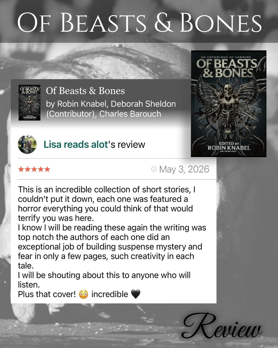 Thank you @lisa_reads_alot for reading Of Beasts &amp; Bones and also for leaving such a wonderful review! I appreciate it! 🖤🎉📚

***Link in bio 🔗
https://tinyurl.com/OfBeastsandBones