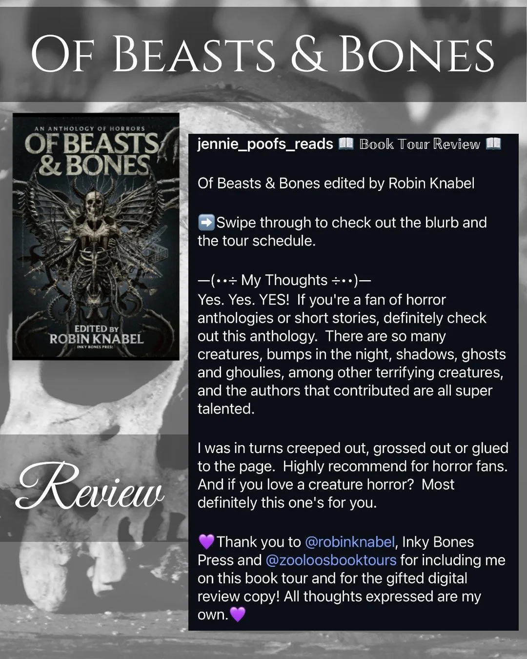 Fantastic review by@jennie_poofs_reads for Of Beasts &amp; Bones! Thank you so much for reading and sharing your thoughts!!!! 🖤🎉😱📚

***Link in bio 🔗
https://tinyurl.com/OfBeastsandBones