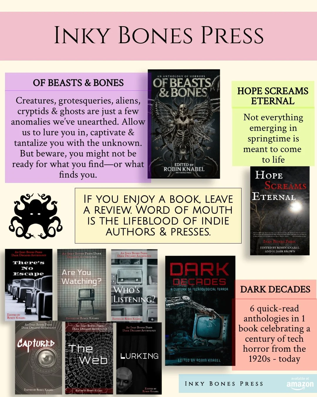 Summer is coming. School is ending. Spooky season is always lurking. It's the perfect time to stay up late and read horror! (Or any time of day!) 

Check out the terrifying tomes from Inky Bones Press! 😱📚
***Link in bio to my website
https://www.ro