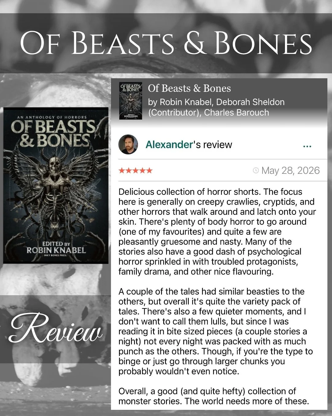 I spotted a new 5-star review today for Of Beasts &amp; Bones! Thank you to Alexander for reading and reviewing! 🖤🎉😊📚 

***Link in bio🔗
https://tinyurl.com/OfBeastsandBones

#booksbooksbooks #horrorgram #inkybonespress #reading #readersofinstagr