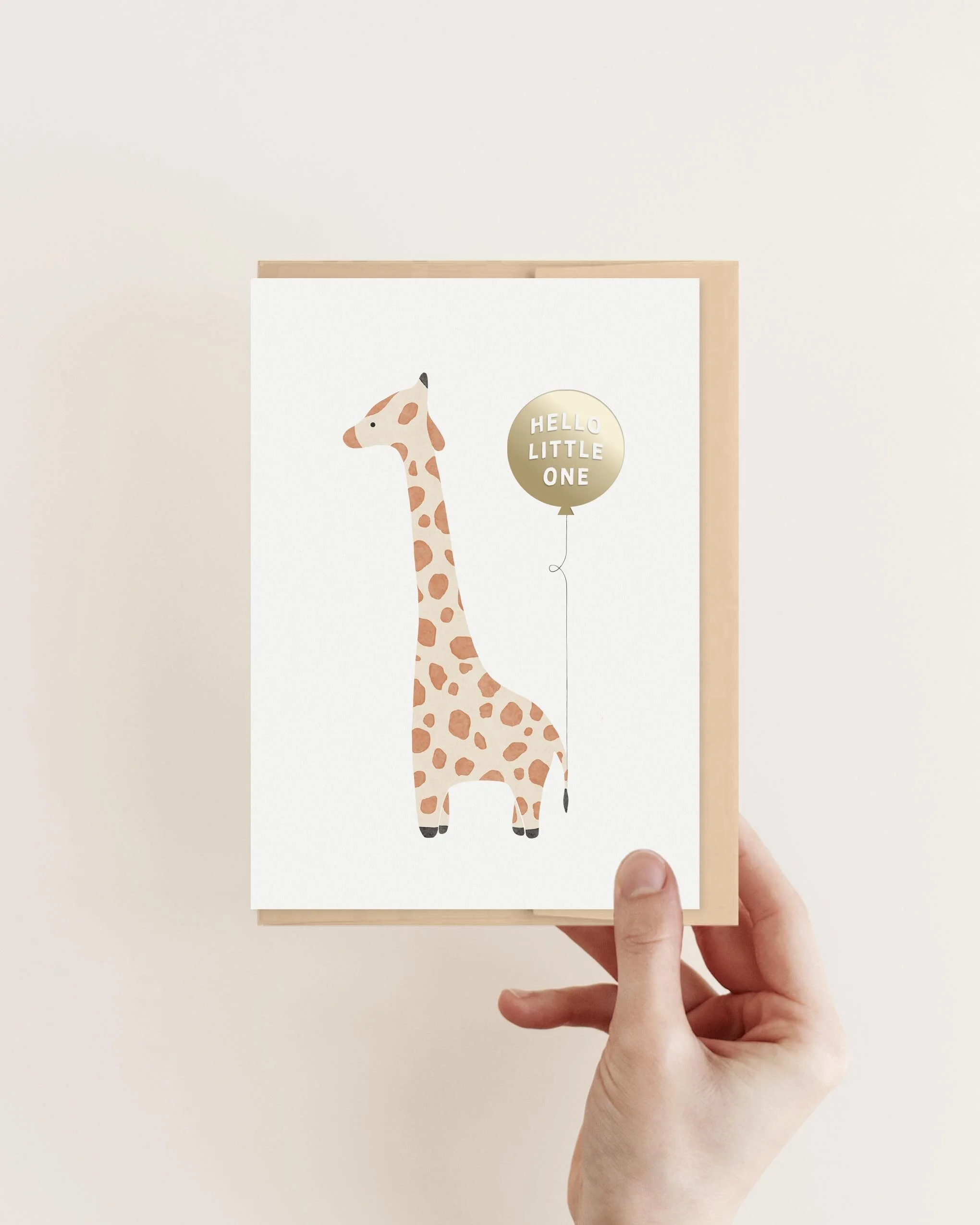 Hello Little One | Giraffe With Gold Foil Balloon | New Baby Card | Gender Neutral