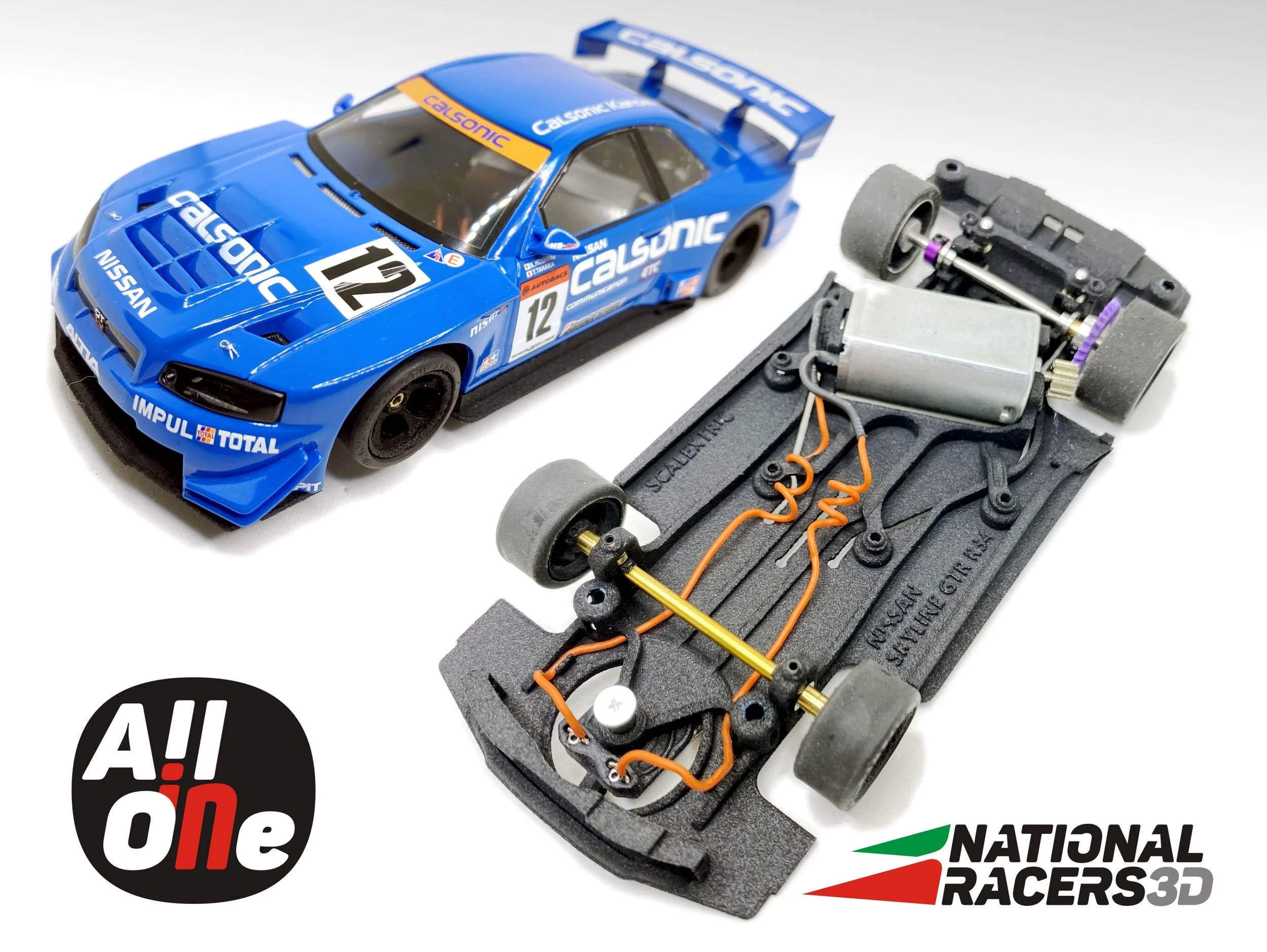 3DP Chassis for Scalextric/SuperSlot NISSAN Skyline R34 GTR  (AiO-AW)​